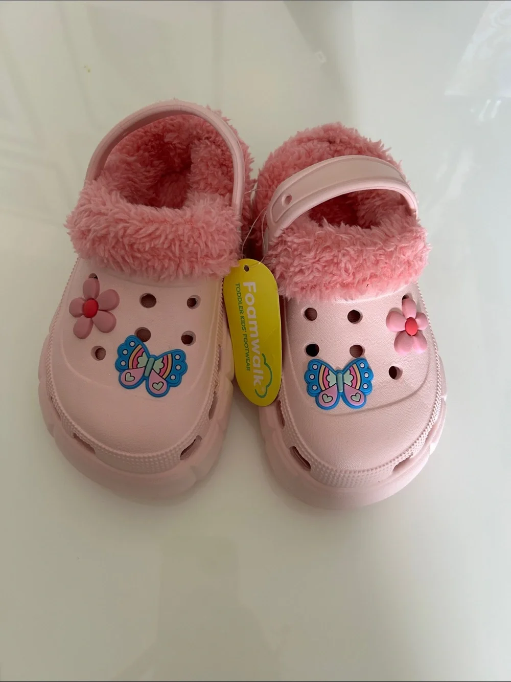 Foamwalk Kids Pink Fuzzy-Lined Slip-On Clogs with Butterfly Accent